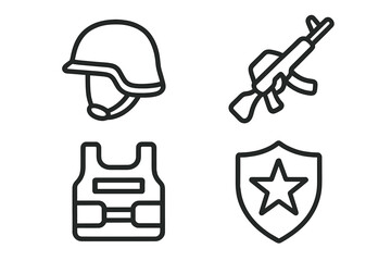 Minimalist icons of military helmet rifle body armor and shield