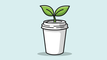 Minimalist eco friendly white coffee cup with green plant sprout growing out of top for environmental sustainability and biodegradable material concept on soft blue background for green marketing