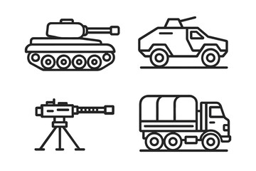 Military vehicle line art: tank, armored car, artillery, truck