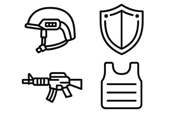 Military equipment icons: helmet, shield, rifle, armor in black outline