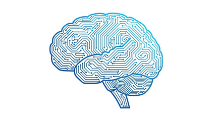 Artificial intelligence brain illustration with circuit board pattern, digital mind concept, neural network technology, machine learning, deep learning, futuristic computing