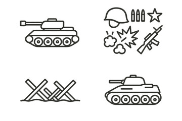 Outline of military tanks and warfare icons with weapons and explosions