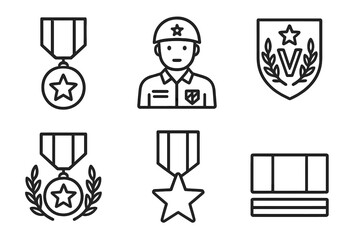 Military icons set: medals, soldier, shields, and awards