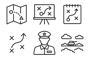 Military strategy icons - maps, plans, officer, tactical symbols, directional arrows