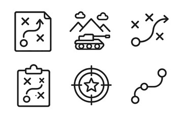 Military strategy icons set featuring map, tank, and target symbols