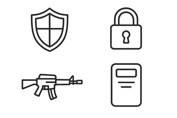 Security symbols: shield, lock, rifle, and riot gear in line art