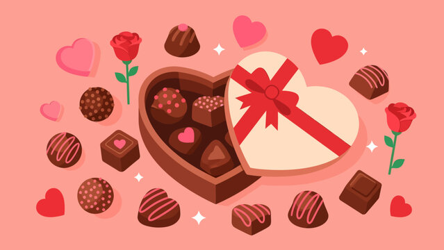 Heartfelt Chocolates and Roses in a Heart-Shaped Box on a Pink Background