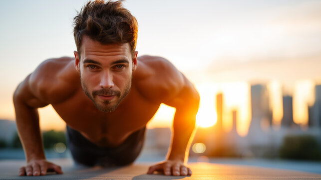 Athletic man doing push-ups rooftop, at sunrise city skyline background, fitness lifestyle visualization, urban exercise display, morning workout concept, with copy space