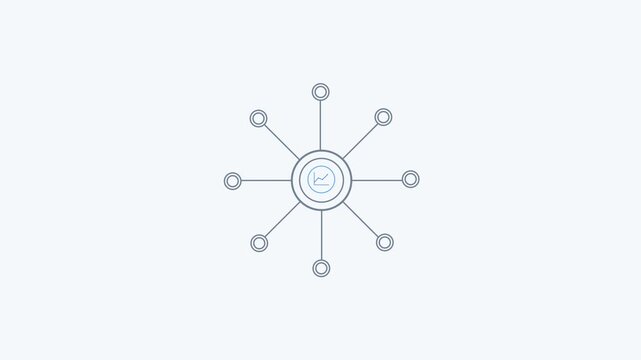 Minimal line style digital network hub icon with connected nodes and central analytics symbol. Clean UI concept representing data flow, system integration, connectivity, and technology infrastructure.