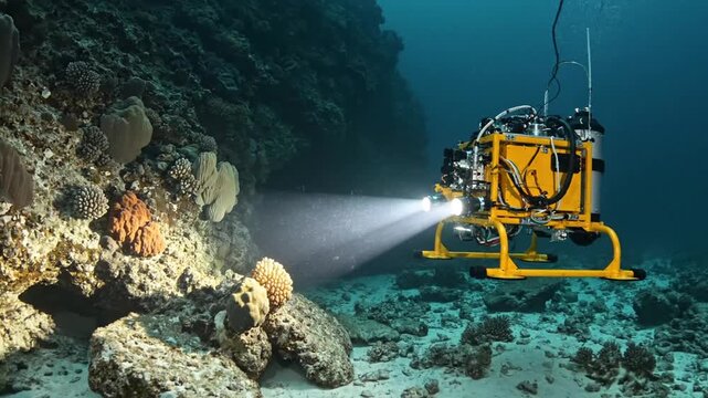 Underwater robot exploring coral reef ecosystem with bright light illuminating the seabed and marine life