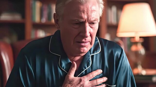 Elderly man in dark blue pajamas grips chest with pained expression in warmly lit bedroom surrounded by books chest pain signaling sudden heart attack emergency chest pain demanding medical attention.