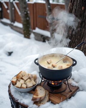 Steaming cheese fondue with bread served outdoors in a snowy winter setting.