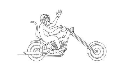 Monkey Riding a Chopper Motorcycle Waving Hand Line Art.