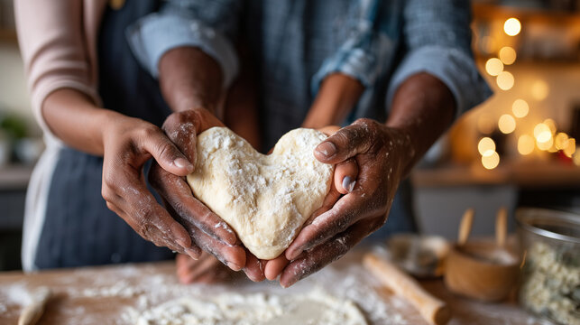 Close-up of hands of an African American couple cooking a Valentine's Day heart-shaped pizza together, flour on hands, playful kitchen ritual, warm domestic lighting, sharp focus o