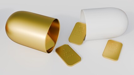 A 3D rendering of a gold and white capsule pulled apart, spilling small gold bullion bars instead of medicine. It symbolizes that health is the ultimate wealth and an invaluable investment.
