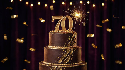Dark Chocolate 70th Birthday Cake With Sparkler Candle And Gold Decoration 70th Birthday Cake