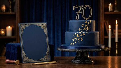 Luxury Navy Blue 70th Birthday Cake With Elegant Invitation And Gold Details Luxury Birthday Setup