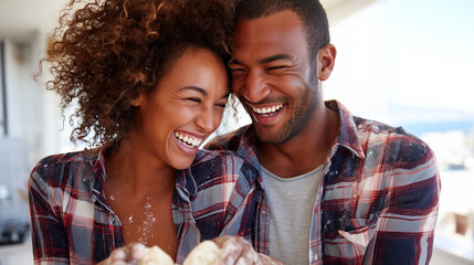 Non-binary couple laughing softly while baking heart-shaped cookies together for Valentine's Day, flour dusting on hands and surfaces, bright airy kitchen, sharp focus on joy and s