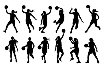 Obraz premium Vector silhouettes of high school girls basketball players in action, showcasing dribbling, shooting, and defensive poses for sports illustrations, school team graphics, athletic projects, and educati
