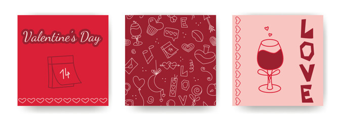 Romantic cards for Valentines Day. Set of square templates with congratulatory text and love illustrations. Social media posts, postcards, brochures, flyers, vector graphics.