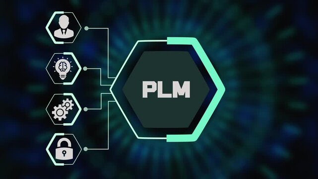 PLM product lifecycle management concept with futuristic hexagon interface, digital manufacturing workflow and innovation process visualization.