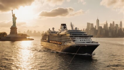 Fototapeta premium Cruise Ship Sailing Past Statue of Liberty and New York City Skyline at Sunset.