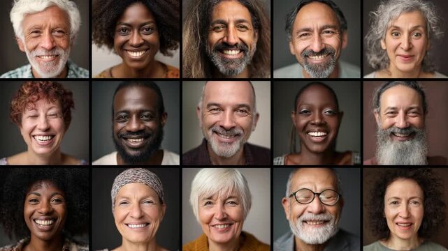 Diverse faces of happiness and positivity, a mosaic of joy in every smile. Featuring a collection of unique faces expressing genuine happiness