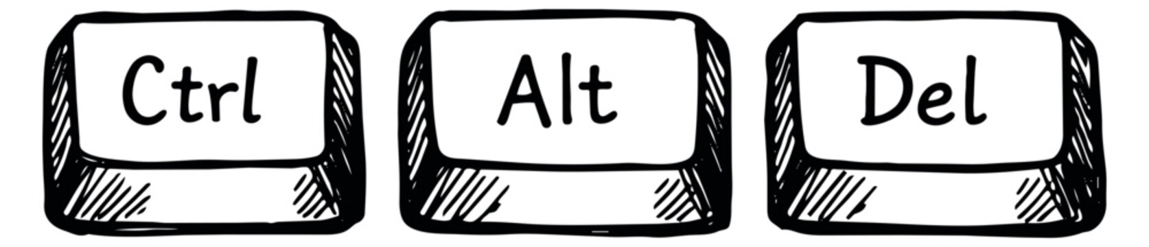 Hand drawn line art computer command keys set featuring Ctrl, Alt, and Del buttons for digital interface design