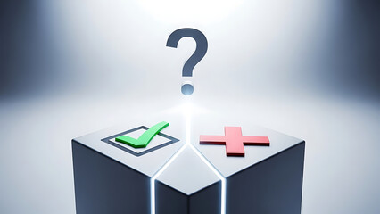 Concept image showing decision path with check and cross on cube question mark symbol above clean modern background with decision making and problem solving
