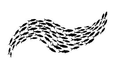 Dynamic silhouette of a large school of small fish swimming together in a synchronized wave formation, symbolizing unity, collective movement, and teamwork in the aquatic environment