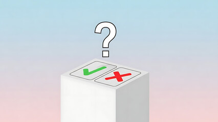 Concept image showing decision path with check and cross on cube question mark symbol above minimal pastel backdrop no text with background and illustration