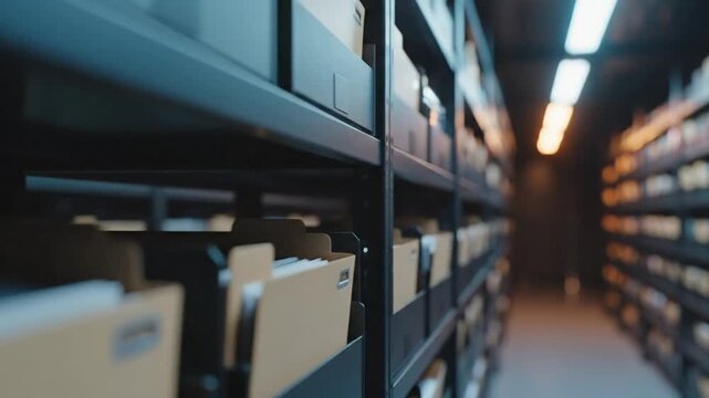 Organized archive shelves filled with files and documents in a dimly lit storage room, ready for retrieval and management