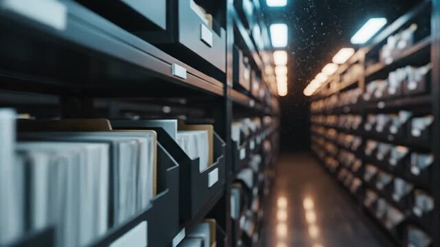 Vast archive shelves filled with documents and records, symbolizing information storage and data management in a futuristic setting