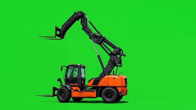 A heavy-duty industrial telehandler forklift with an extendable arm operates on a green screen.