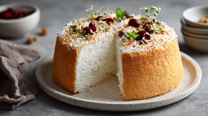 Coconut chiffon cake on light terrazzo surface, contemporary dessert styling
