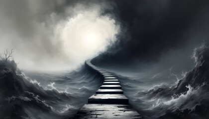 A dramatic surreal landscape featuring a wooden staircase ascending through swirling mist toward a bright glowing sky, evoking mystery, hope, and atmospheric fantasy scenery.