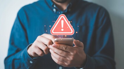 Man in blue shirt holding smartphone with warning sign on screen interface