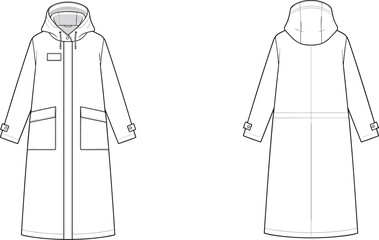 Womens hooded long coat technical fashion flat sketch, front back view winter parka outerwear design © MST. HOSNE