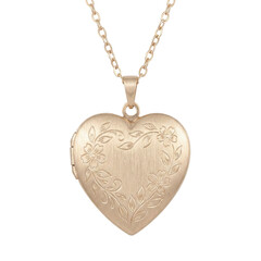 Gold heart locket necklace with floral vine engraving