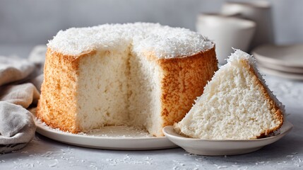 Coconut chiffon cake photographed at angle, pale concrete background, architectural simplicity