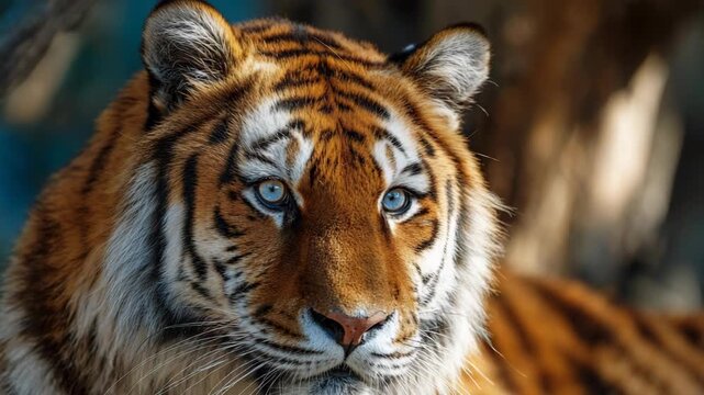A majestic tiger looking towards the camera with striking eyes, displaying its beautiful coat and patterns