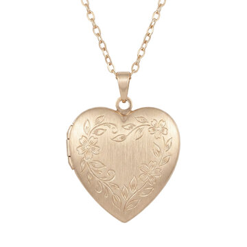 Gold heart locket necklace with floral vine engraving