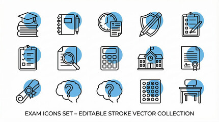Exam preparation icons set educational graphics for students in a digital environment