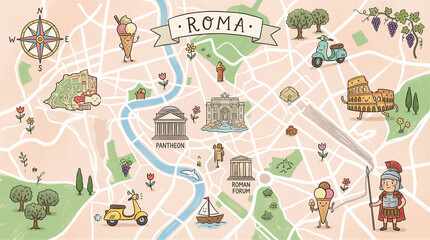 Exploring iconic landmarks in rome illustrated map cultural highlights vibrant environment playful concept