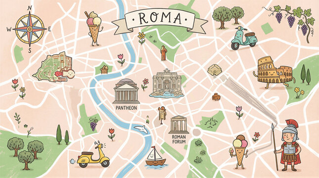 Exploring iconic landmarks in rome illustrated map cultural highlights vibrant environment playful concept