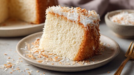 Coconut chiffon cake slice with coconut crumbs scattered minimally, neutral clay backdrop