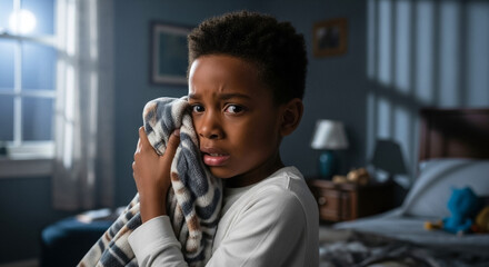 African-American boy hiding under blanket scared in moonlit bedroom, fear and nighttime anxiety in child