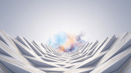 Futuristic White Geometric Valley with Gold Circuit Lines and Pastel Ink Cloud, Minimal Abstract Technology Landscape with Copy Space