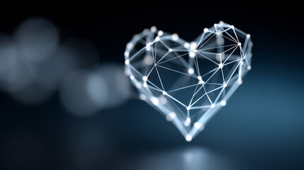 Dynamic abstract wallpaper: interconnected glowing data lines forming a digital heart network against a dark blue background, high-tech Valentine's Day theme, cinematic depth of fi