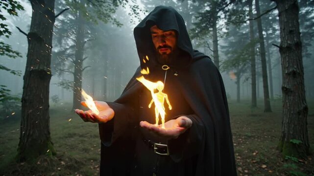 Dark fantasy ritual scene, mysterious witcher hooded medieval cloak inside ancient stone ruins, commanding a kneeling humanoid made fire wearing medieval armor, glowing magic runes rotating fire body